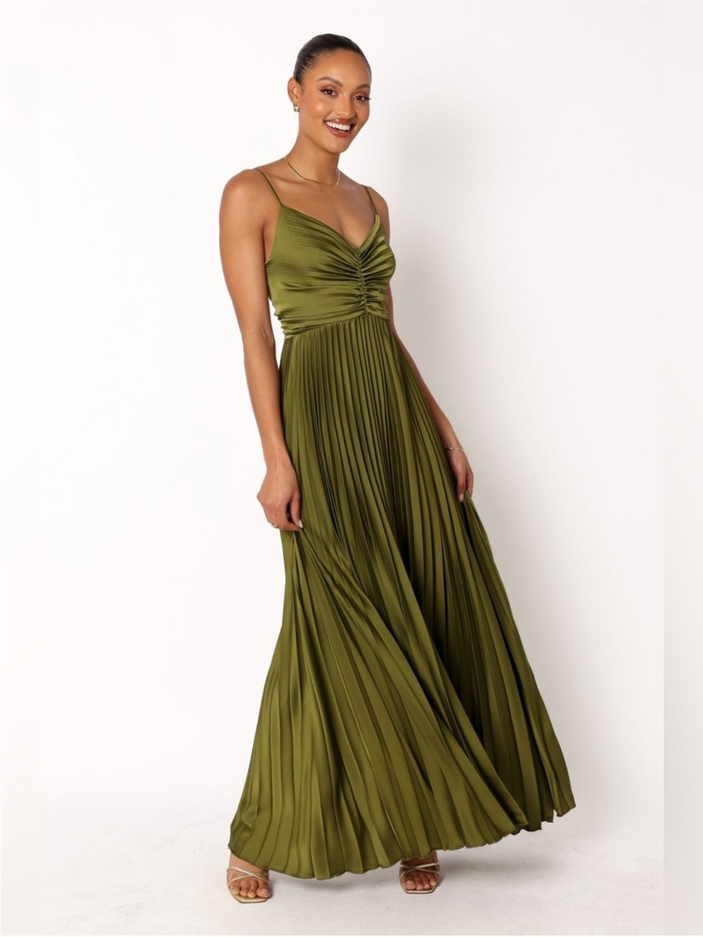Petal & Pup Naira Satin Pleated Maxi Dress Size 10 Palm Green Wedding Guest